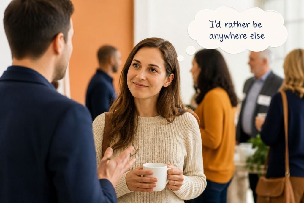 A person smiling politely at a networking event, with a thought bubble showing their actual thoughts — "I'd rather be anywhere else"