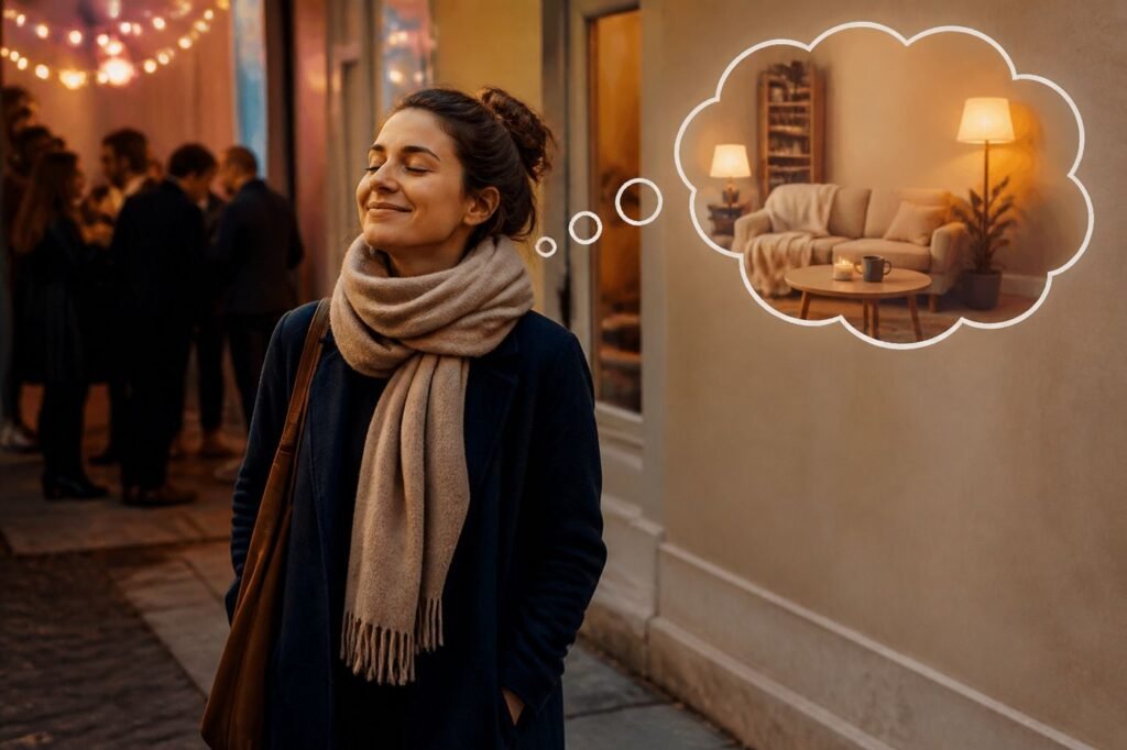 A person walking away from a party, looking relieved, with a thought bubble of their comfortable home