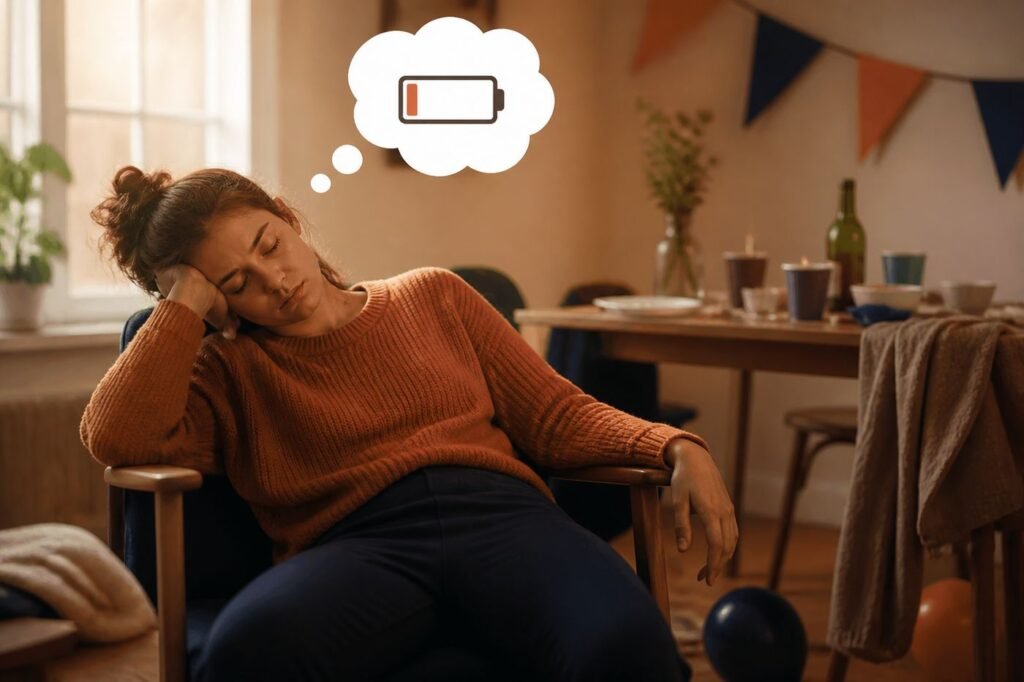 A person slumped in a chair after a social event, looking completely drained, with a thought bubble showing an empty battery