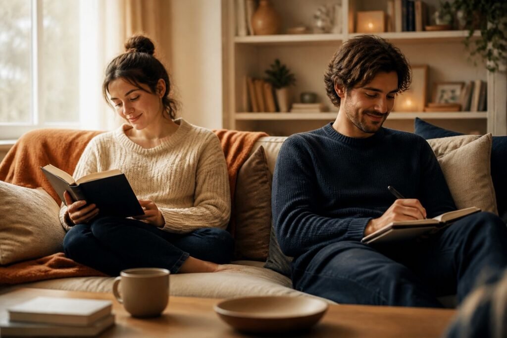 Two people sitting together in comfortable silence, one reading, one doing something else, both content
