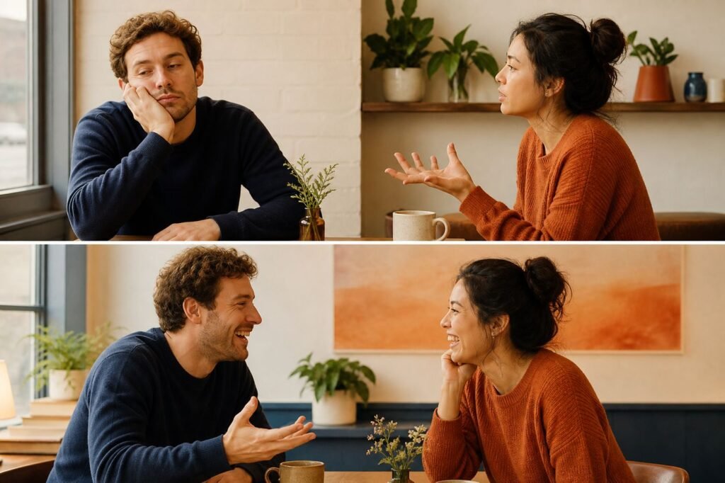 Two people at a table, one looking disengaged during small talk, and then a second panel showing the same two people engaged and animated during a deeper conversation