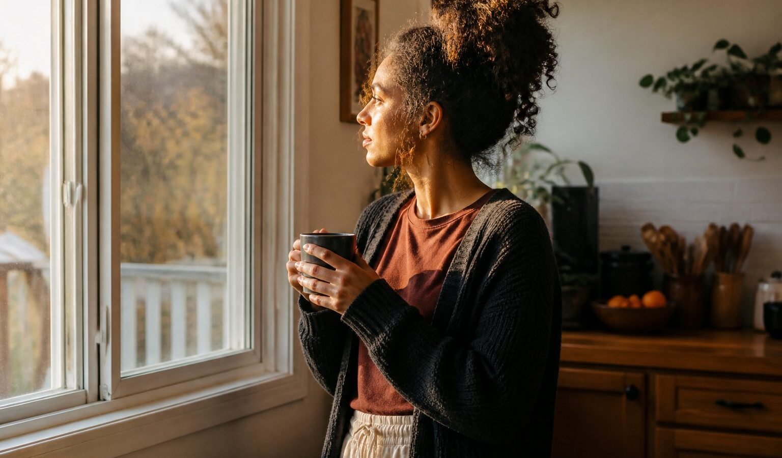 Person reflecting by a kitchen window with a coffee mug