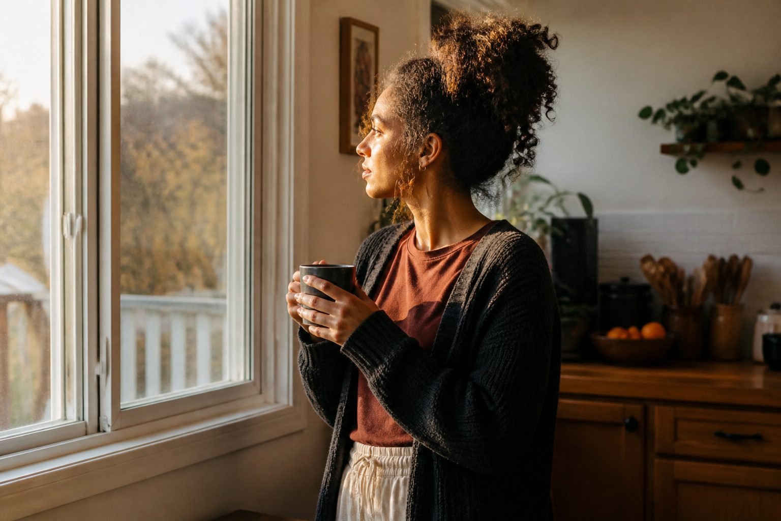 Person reflecting by a kitchen window with a coffee mug