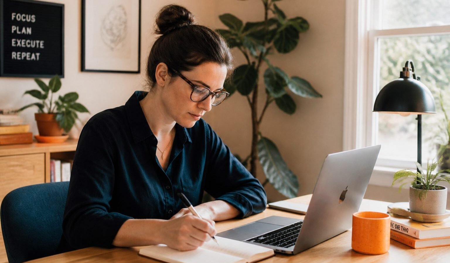 Focused professional working at a quiet sunlit desk