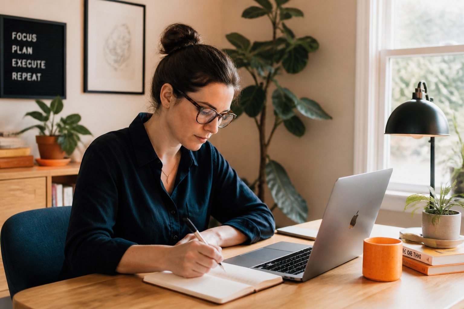 Focused professional working at a quiet sunlit desk