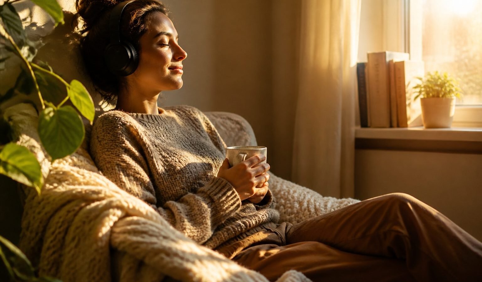Someone recharging with headphones in a sunlit reading nook