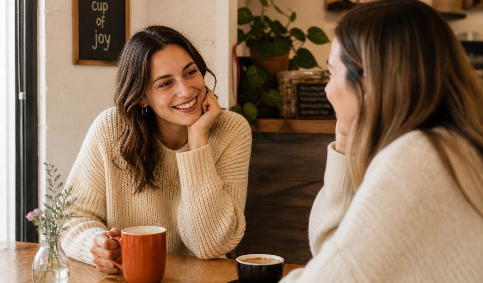 Two friends having a calm one-on-one cafe conversation