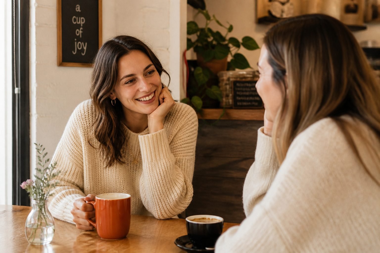 Two friends having a calm one-on-one cafe conversation