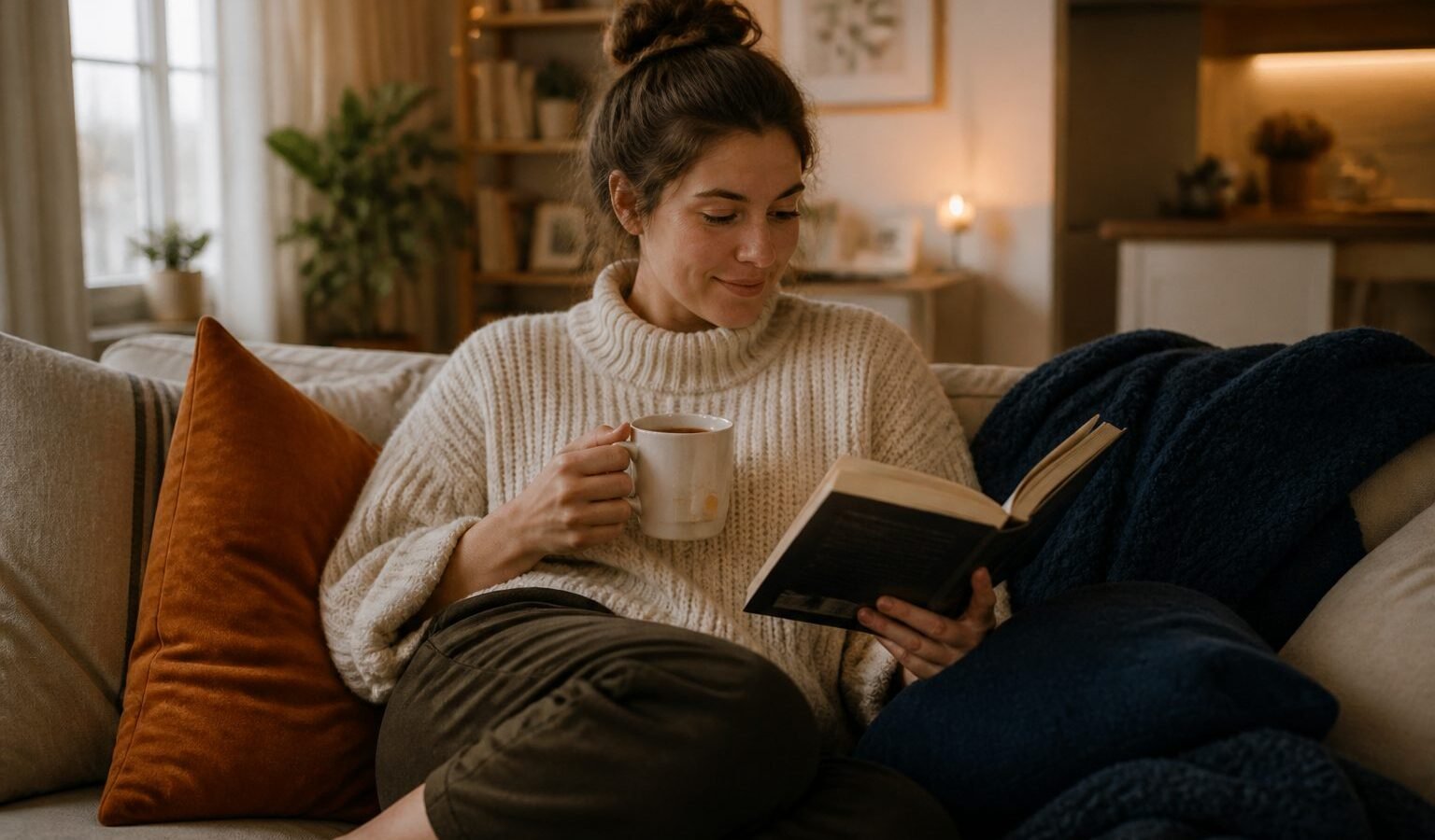 Young adult reading peacefully on a sofa with tea in warm natural light