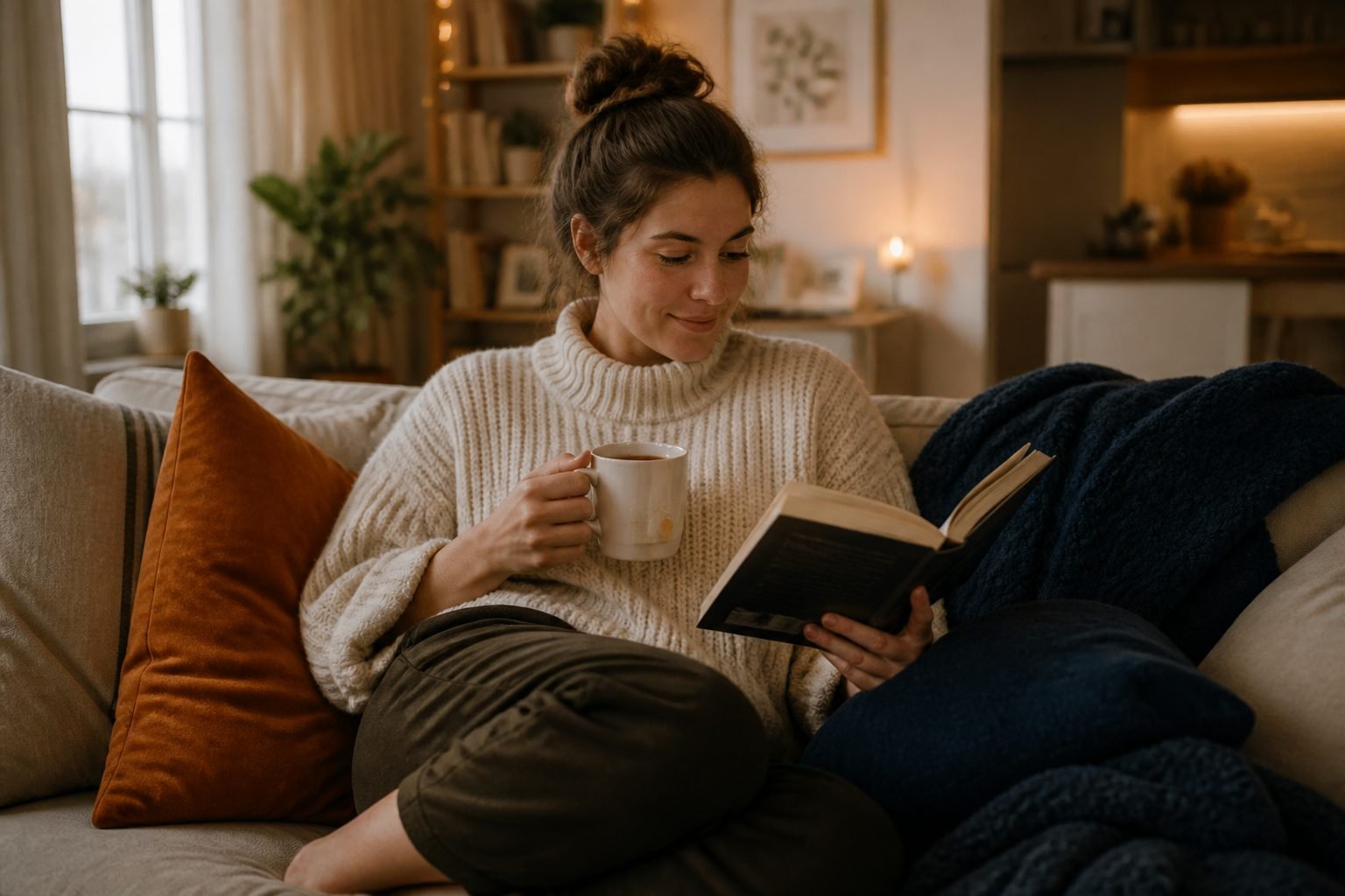 Young adult reading peacefully on a sofa with tea in warm natural light